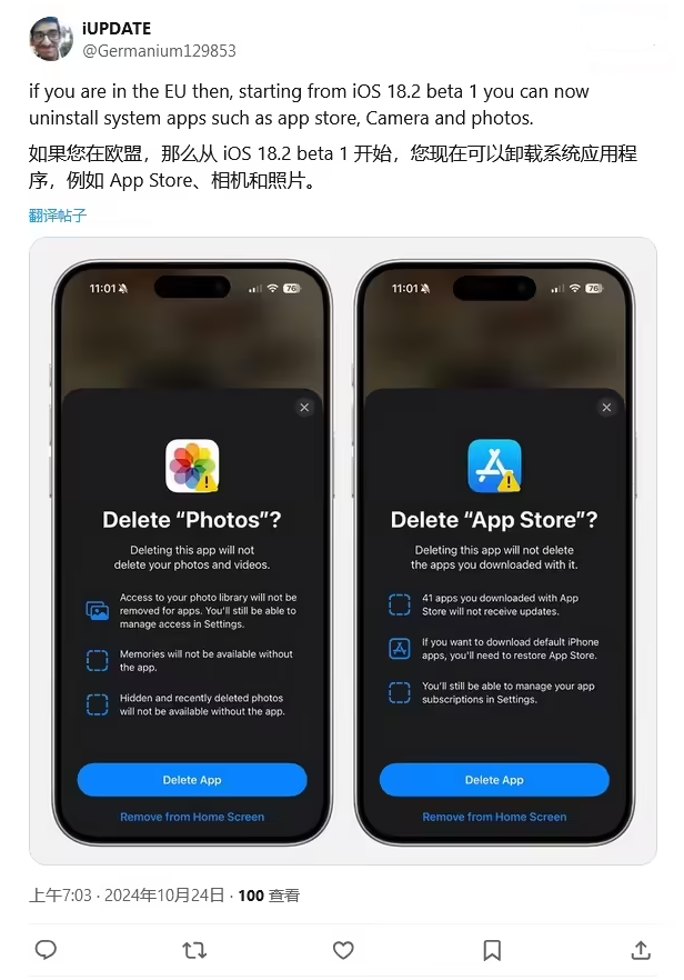 北戴河苹果手机维修分享iOS 18.2 支持删除 App Store 应用商店 