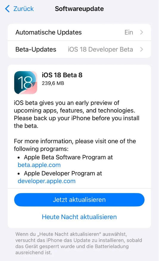 北戴河苹果手机维修分享苹果 iOS / iPadOS 18 开发者预览版 Beta 8 发布 